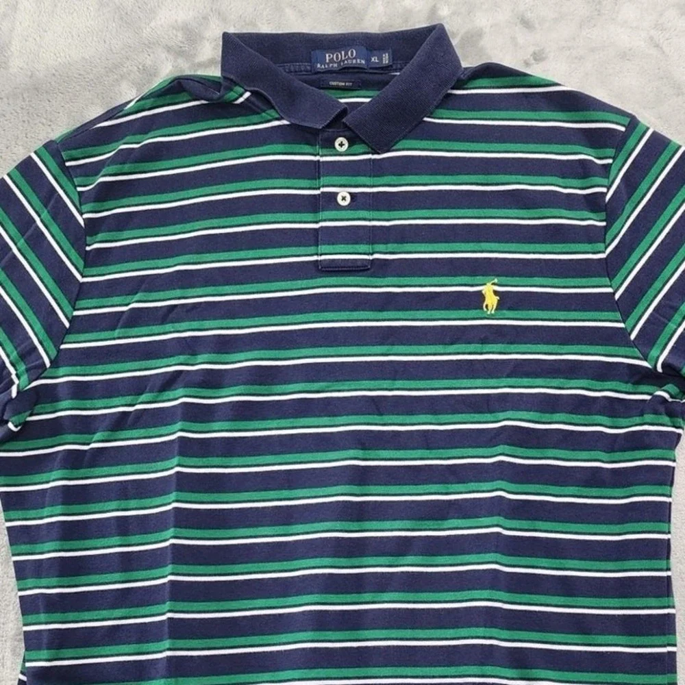 Vintage 90s Ralph Lauren Shirt Mens XL Blue Green Striped Custom Fit Polo Preppy